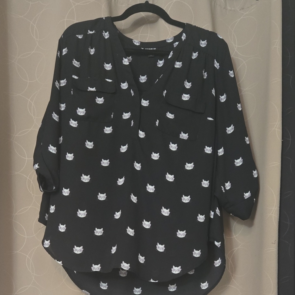 Black Cat Print Blouse